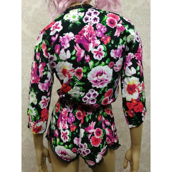 Betsey Johnson Floral Romper Size XS Kimono Sleeve Lounge Wear Lace Trim Deep V - Picture 9 of 12